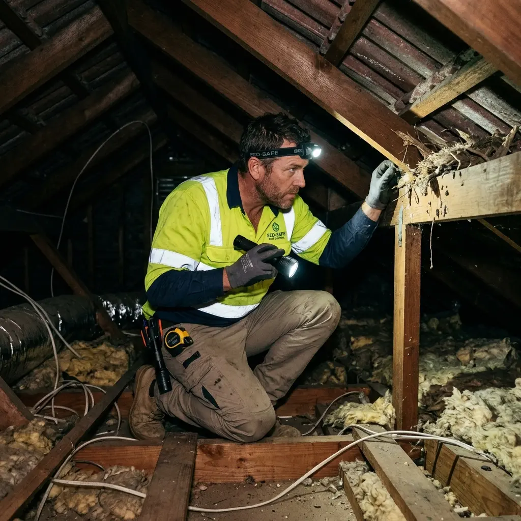 Technician inspecting a Ascot Vale roof cavity for a dead possum